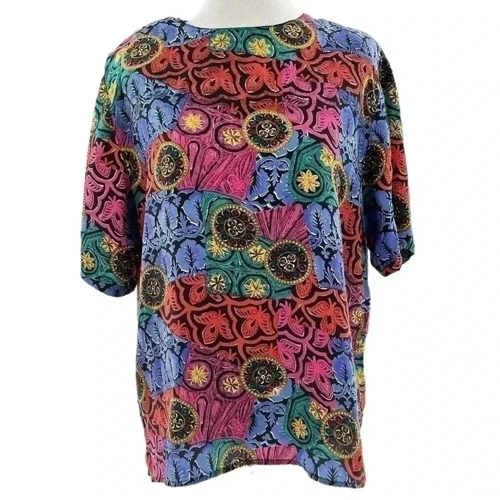 Christie & Jill top size L multicolored 100% silk floral watercolor 80s 90s
